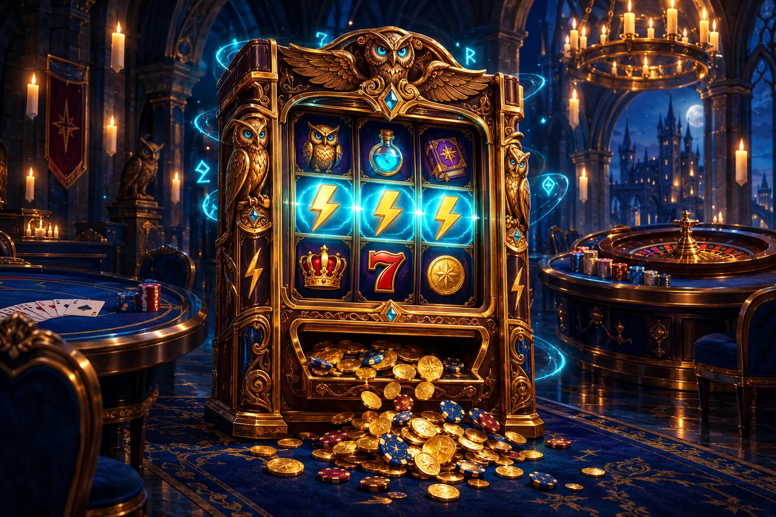 Magiczny automat do gier w kamiennej sali zamku, z bębnami pełnymi symboli i unoszącymi się świecami